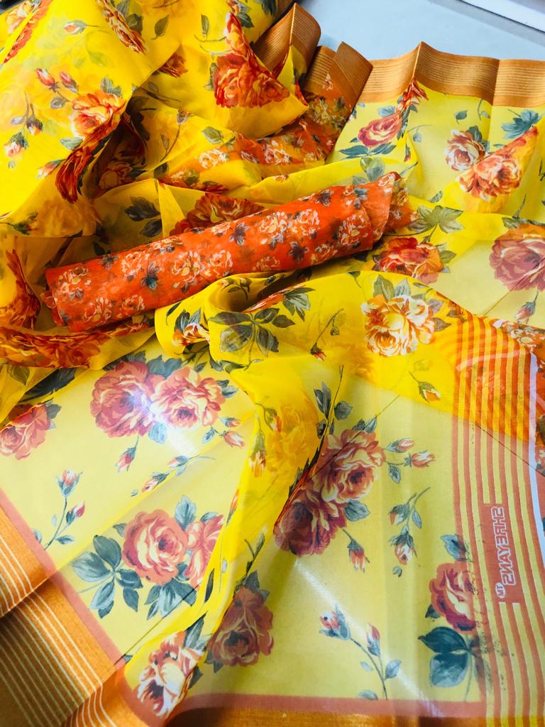 Elegant Pure Linen Yellow Colored Casual Printed Saree