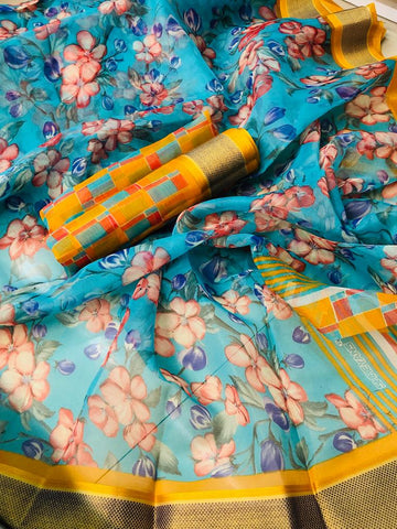 Elegant Pure Linen Sky Blue And Yellow Colored Casual Printed Saree
