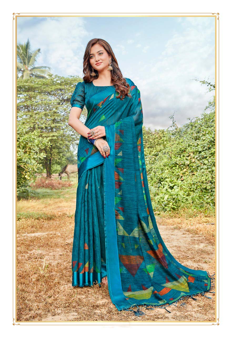 Ethnic Pure Linen light blue Colored Casual Printed Saree
