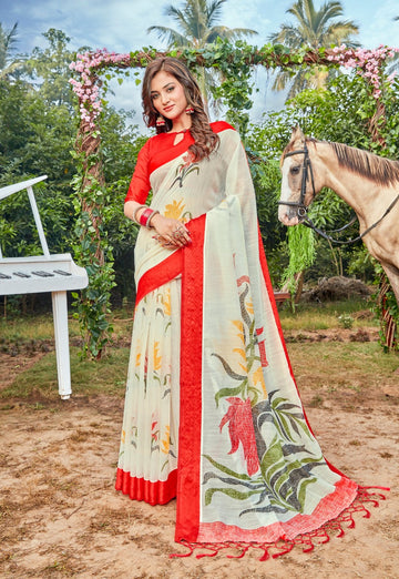 Lovely Pure Linen Off White And Orange Colored Casual Printed Saree