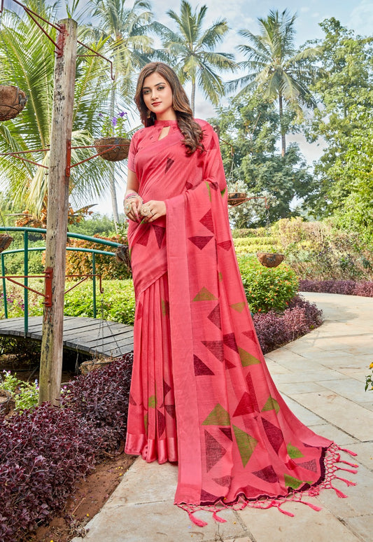 Pleasance Pure Linen Pink Colored Casual Printed Saree