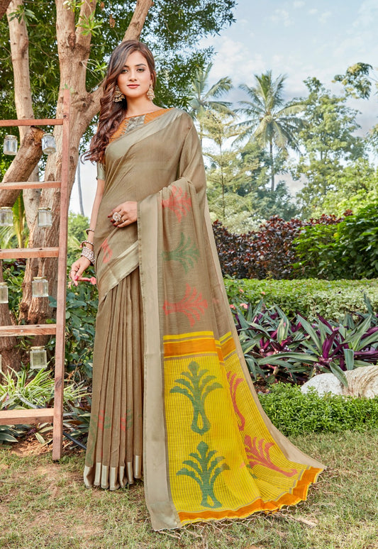 Radiant Pure Linen Tan And Yellow Colored Casual Printed Saree