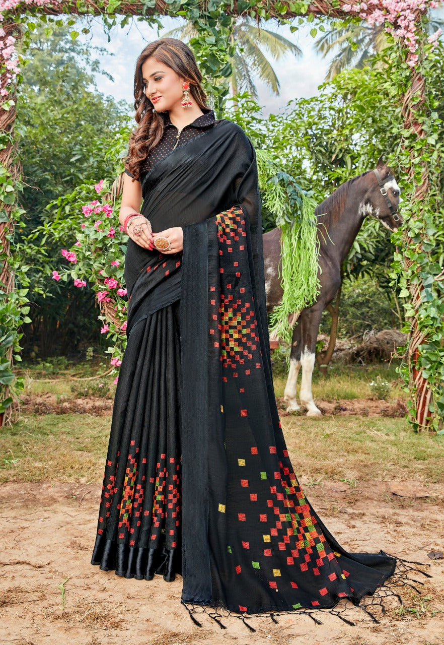 Exceptional Pure Linen Black Colored Casual Printed Saree