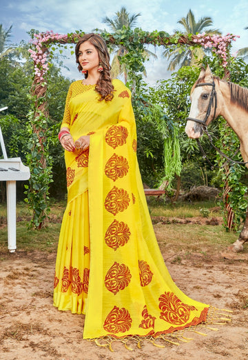 Unique Pure Linen Yellow Colored Casual Printed Saree