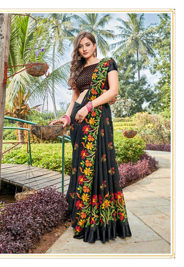 Sophisticated Pure Linen Black Colored Casual Printed Saree