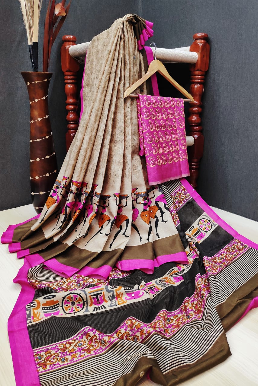 Pleasance Pure Linen Beige Colored Casual Printed Saree