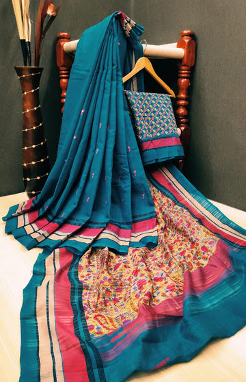 Demanding Pure Linen Rama Colored Casual Printed Saree