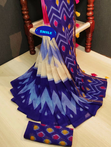 Trendy Pure Linen Cream And Blue Colored Casual Printed Saree