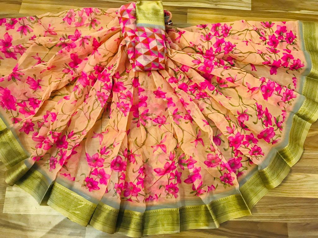 Unique Pure Linen Pink And Beige Colored Casual Printed Saree