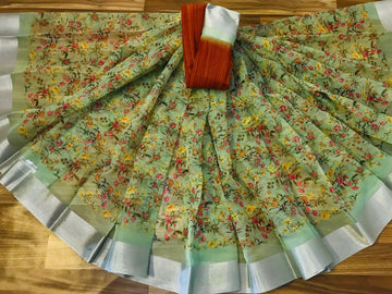 Excellent Pure Linen Light Green Colored Casual Printed Saree