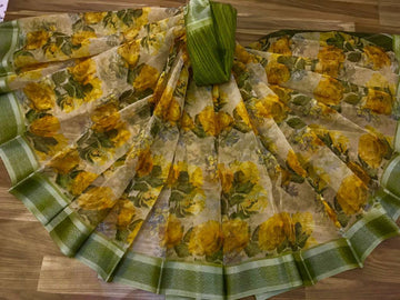 Ravishing Pure Linen Mint And Yellow Colored Casual Printed Saree