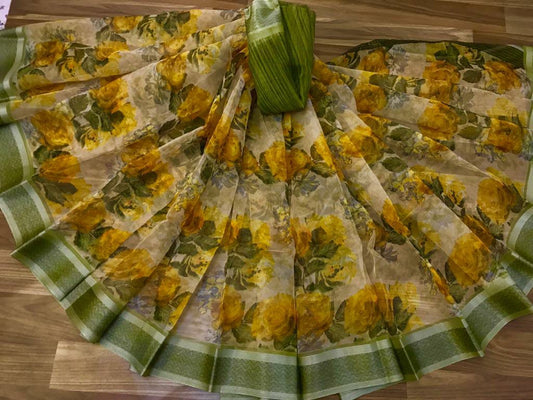 Ravishing Pure Linen Mint And Yellow Colored Casual Printed Saree