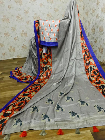 Classical Pure Linen Grey Colored Casual Printed Saree