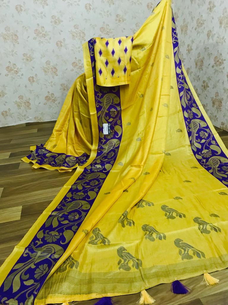Majesty Pure Linen Yellow Colored Casual Printed Saree