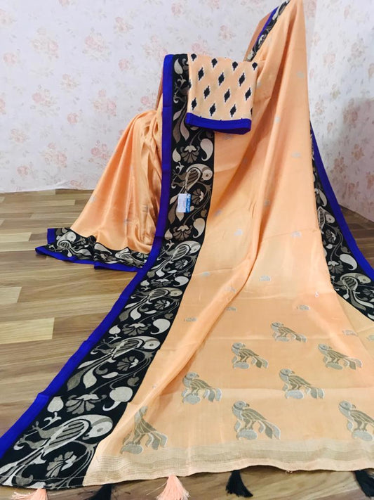 Imposing Pure Linen Dark Blue And Beige Colored Casual Printed Saree