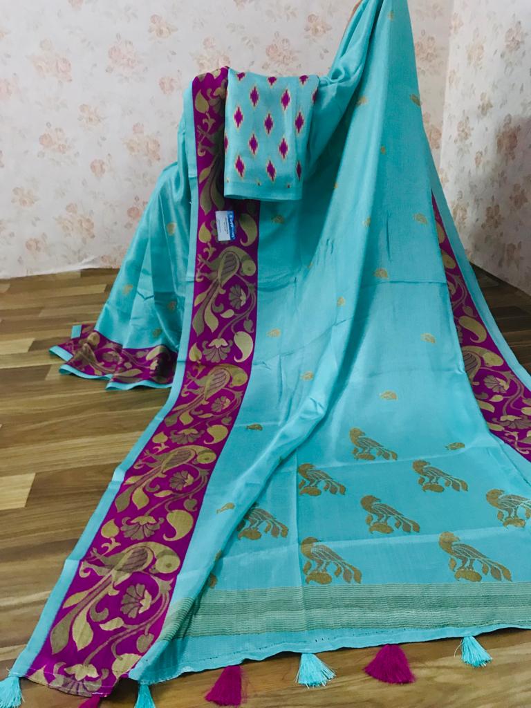 Sophisticated Pure Linen Sky Blue Colored Casual Printed Saree