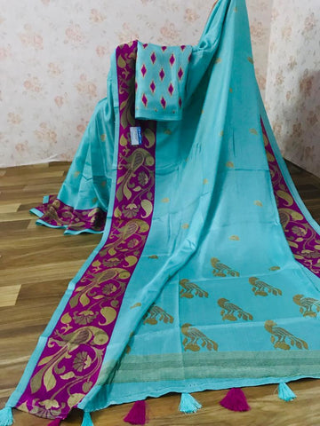 Sophisticated Pure Linen Sky Blue Colored Casual Printed Saree