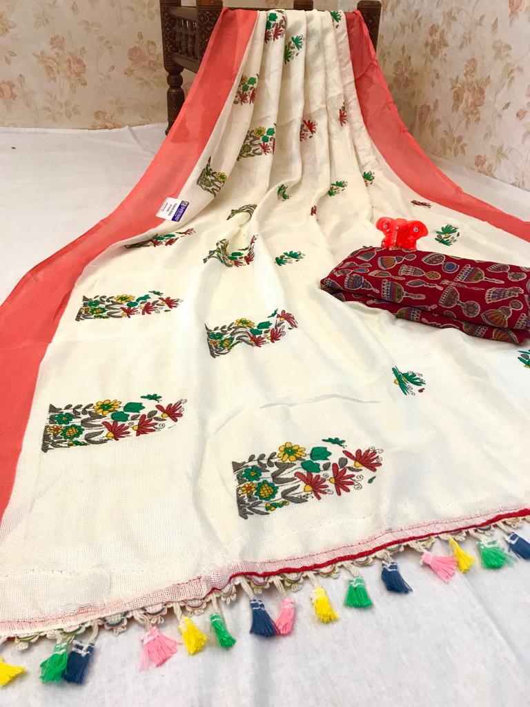 Gorgeous Pure Linen Off White Colored Casual Printed Saree