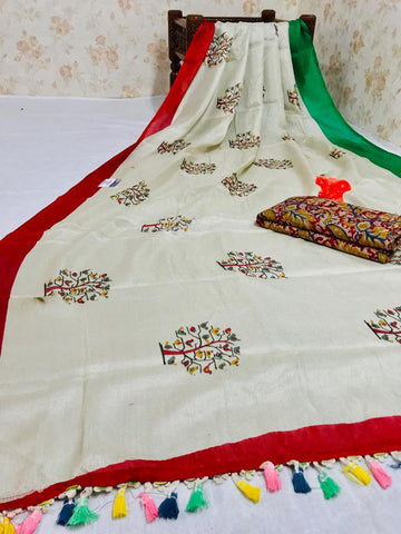 Elegant Pure Linen Off White Colored Casual Printed Saree