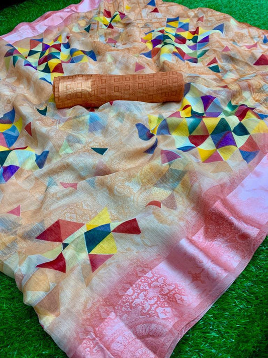 Refreshing Pure Linen Coral Colored Casual Printed Saree
