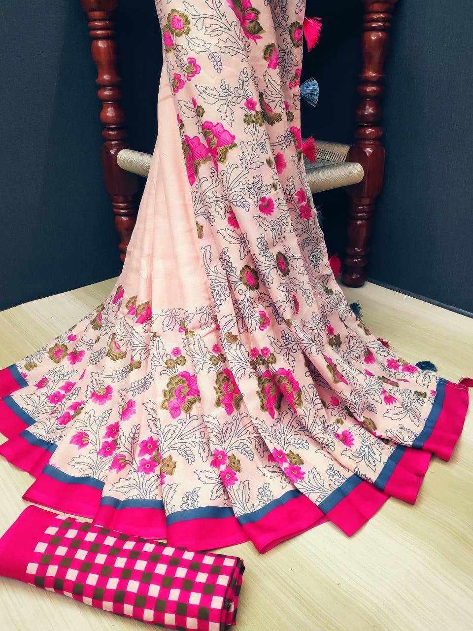 Marvellous Pure Linen light pink Colored Casual Printed Saree