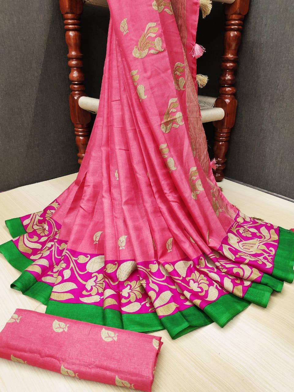 Lovely Pure Linen Pink Colored Casual Printed Saree
