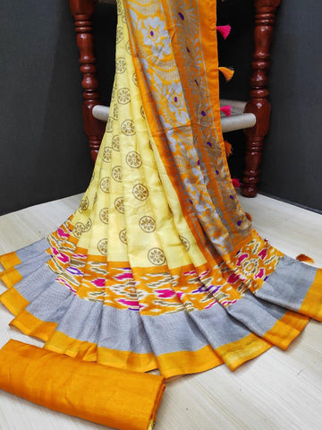 Engrossing Pure Linen Yellow Colored Casual Printed Saree