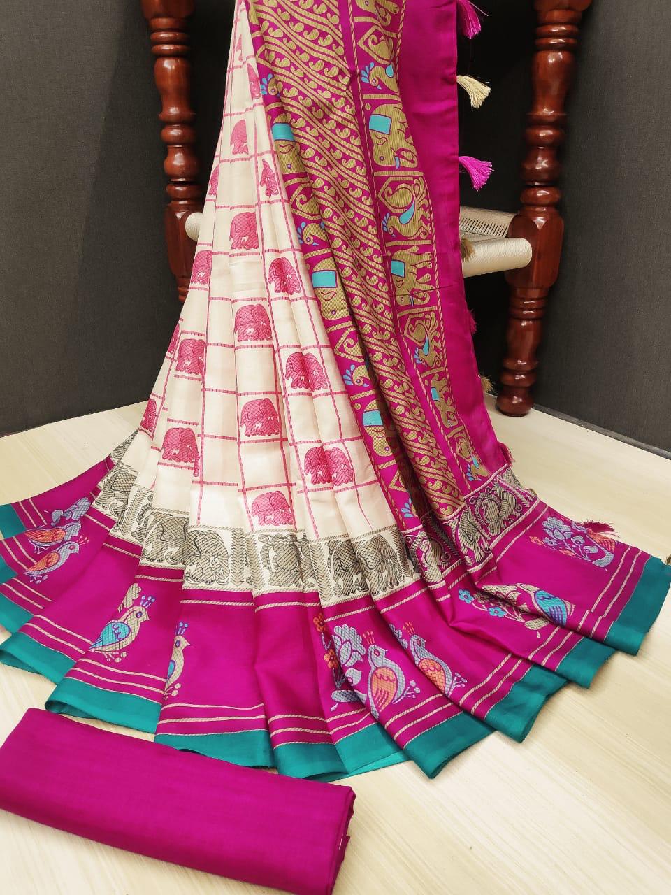 Mesmerising Pure Linen Off White And Pink Colored Casual Printed Saree