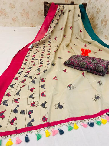 Turquoise Pure Linen White And Pink Colored Casual Printed Saree