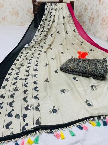 Amazing Pure Linen Off White And Black Colored Casual Printed Saree