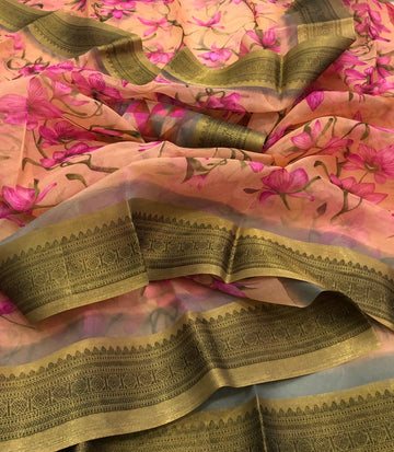 Gleaming Pure Linen Coral Colored Casual Printed Saree
