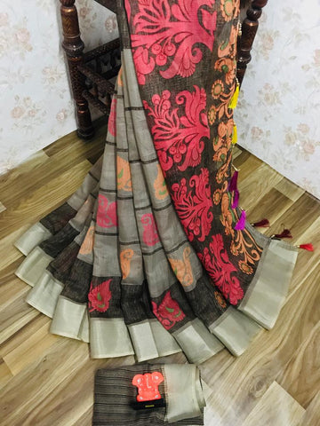 Elegant Pure Linen Multi Colored Casual Printed Saree