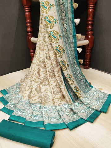 Radiant Pure Linen Off White And Rama Colored Casual Printed Saree
