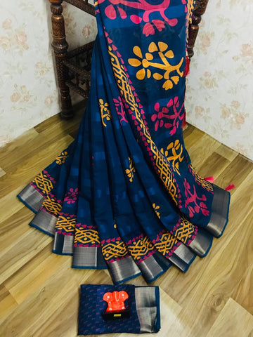 Imposing Pure Linen Blue Colored Casual Printed Saree