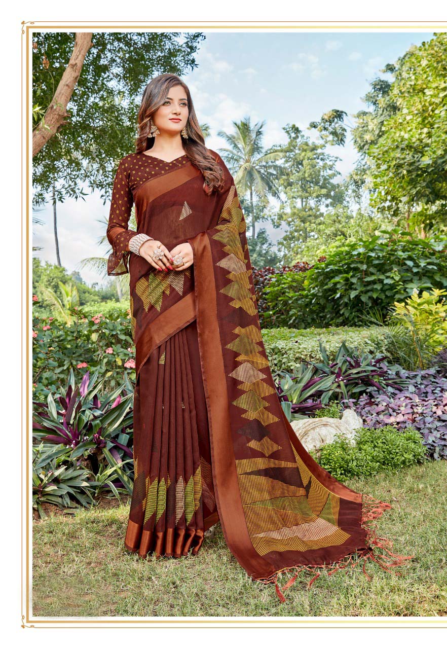 Exceptional Pure Linen Brown Colored Casual Printed Saree