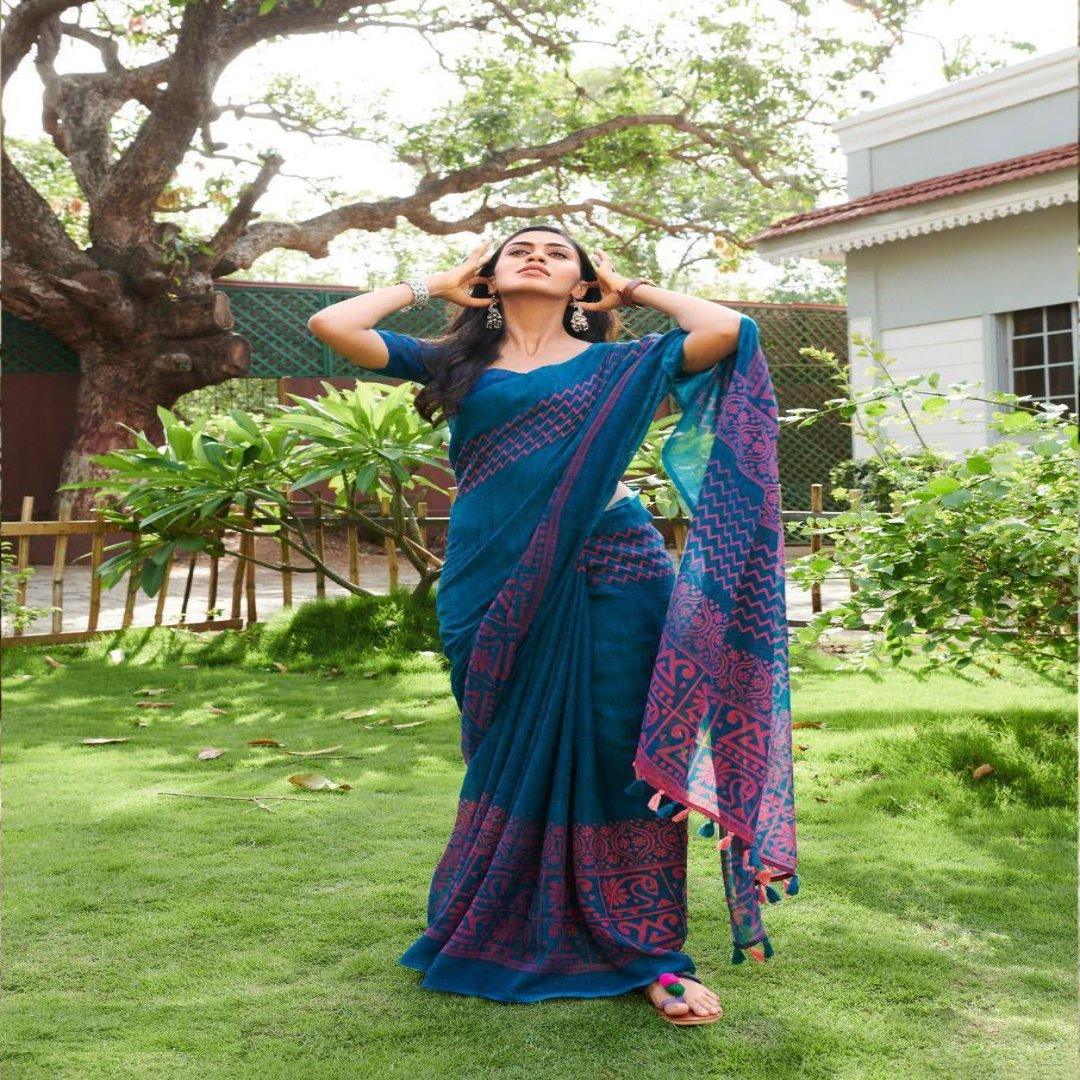 Pure linen saree in hues of blue colour - Ibis Fab
