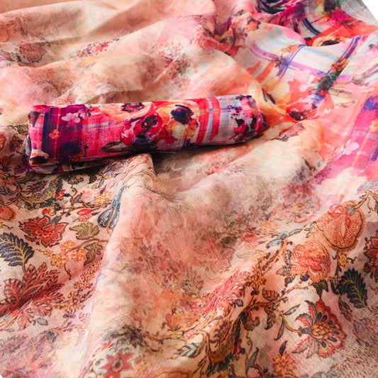 Ethnic Multi Colored Casual Wear Printed Pure Linen Saree - Ibis Fab
