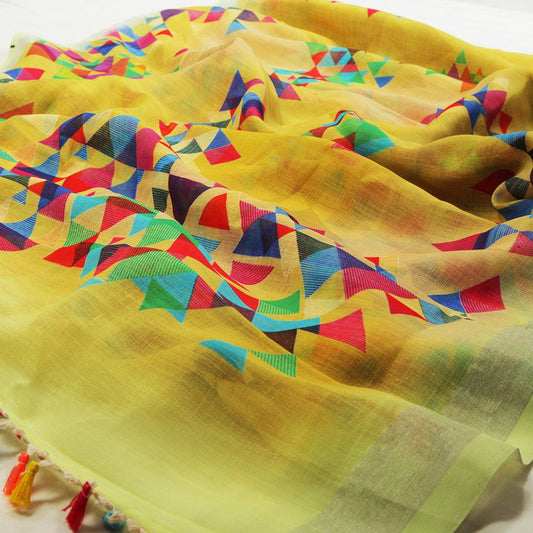 Eye-catching Yellow Casual Printed Pure Linen Saree - Ibis Fab