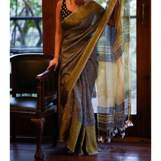 Entrancing Grey Colored Festive Wear Pure Linen Designer Saree - Ibis Fab