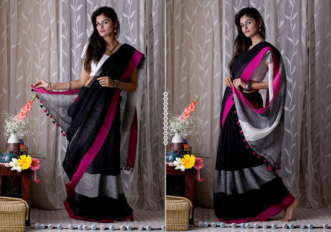 Stylish Black  Premium Linen Designer Saree