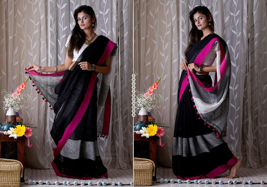 Stylish Black Premium Linen Designer Saree - Ibis Fab