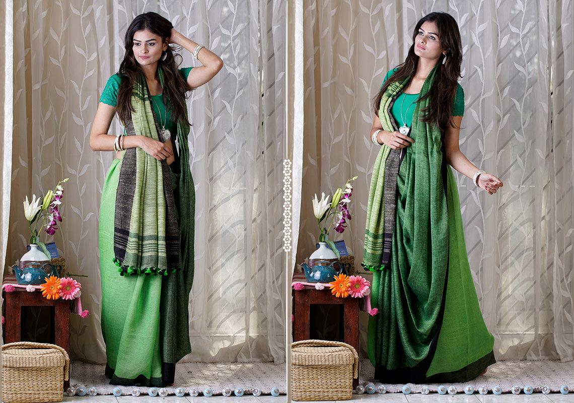 Magnetic Green Premium Linen Designer Saree - Ibis Fab
