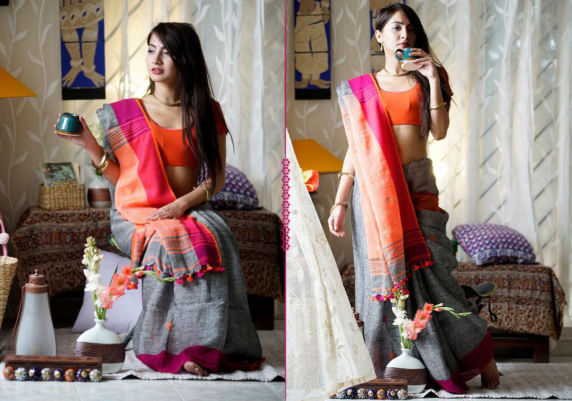 Attractive Grey Premium Linen Designer Saree - Ibis Fab