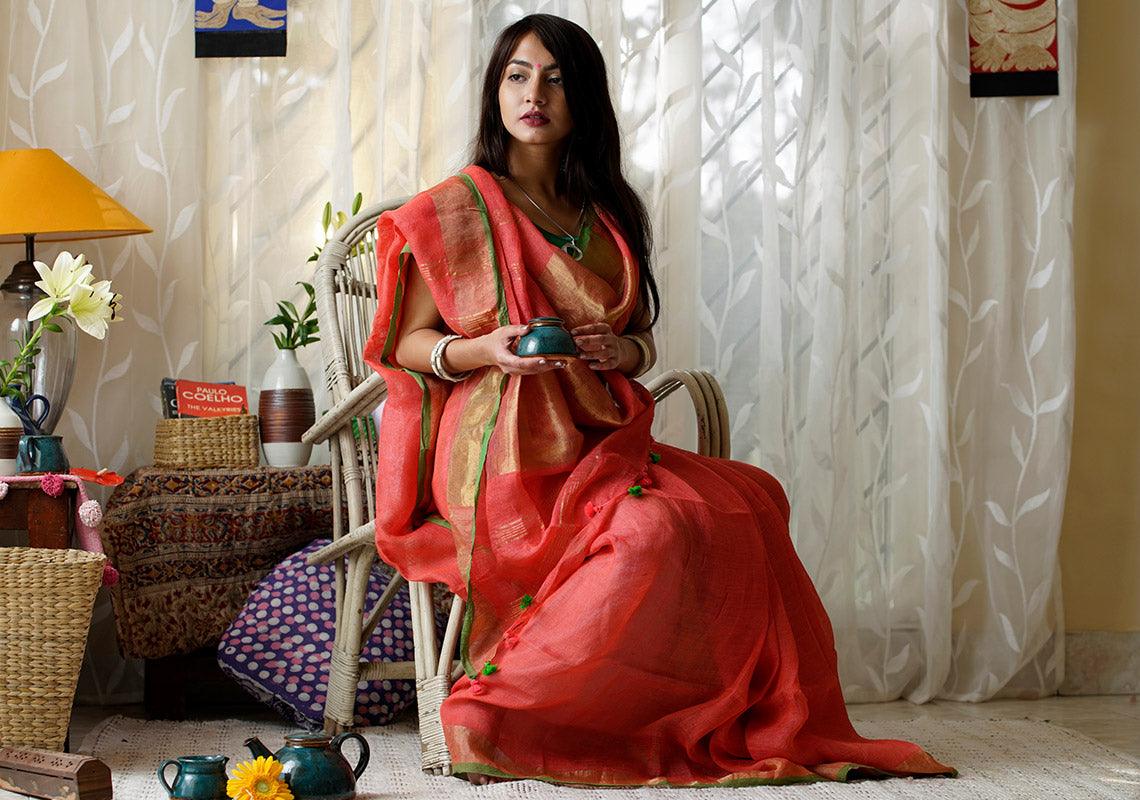 Stylish Red Premium Linen Designer Saree - Ibis Fab
