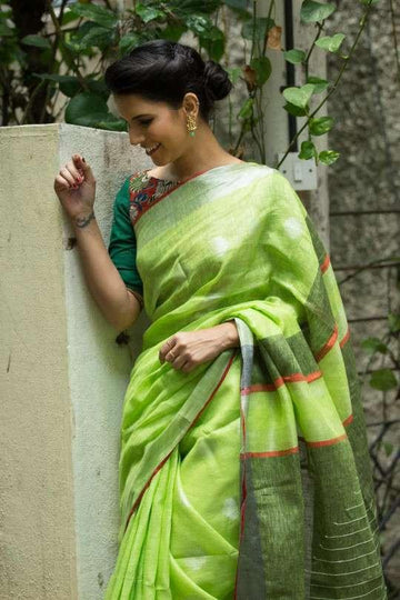 Radiant Green Pure Linen Designer Saree