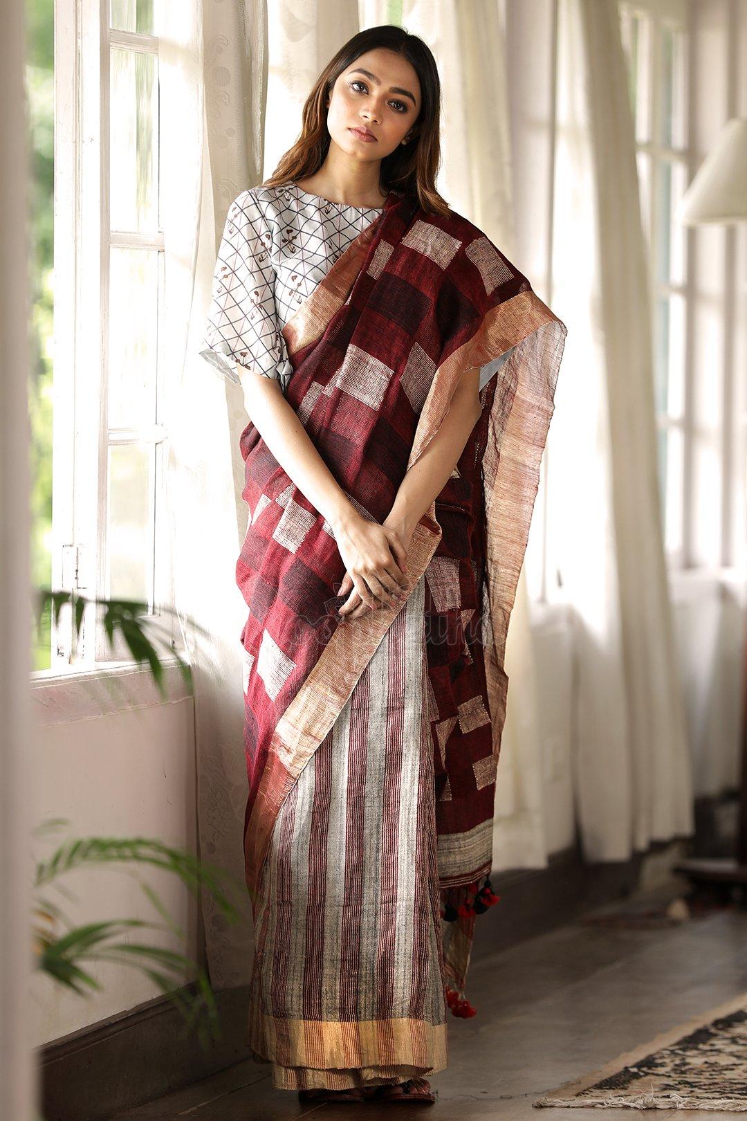 Graceful Brown And Red Pure Linen Designer Saree