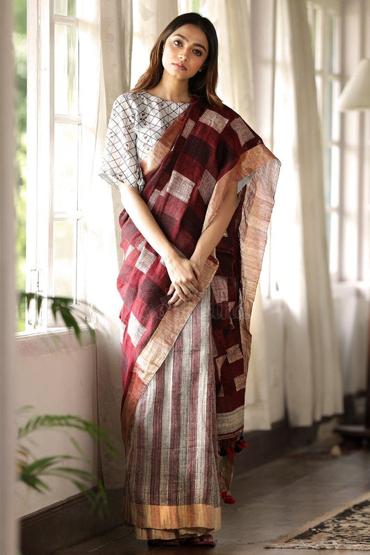 Graceful Brown And Red Pure Linen Designer Saree - Ibis Fab