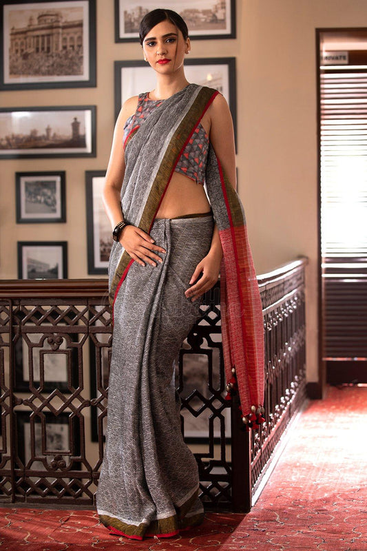 Classic Dark Grey Colored Casual Wear Printed Linen Saree - Ibis Fab