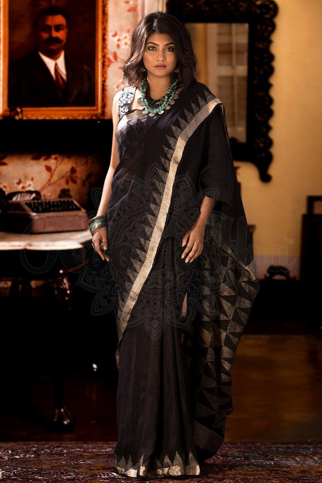Gorgeous Black Pure Linen Designer Saree