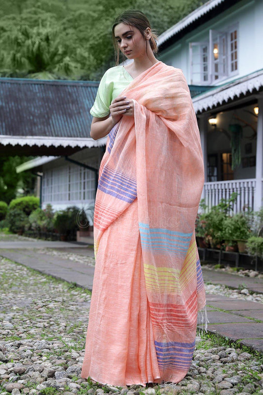Glorious Peach Casual Printed Pure Linen Saree - Ibis Fab